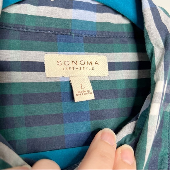 Sonoma Green & Cobalt Blue Plaid Collared Button Front Shirt - Picture 7 of 9